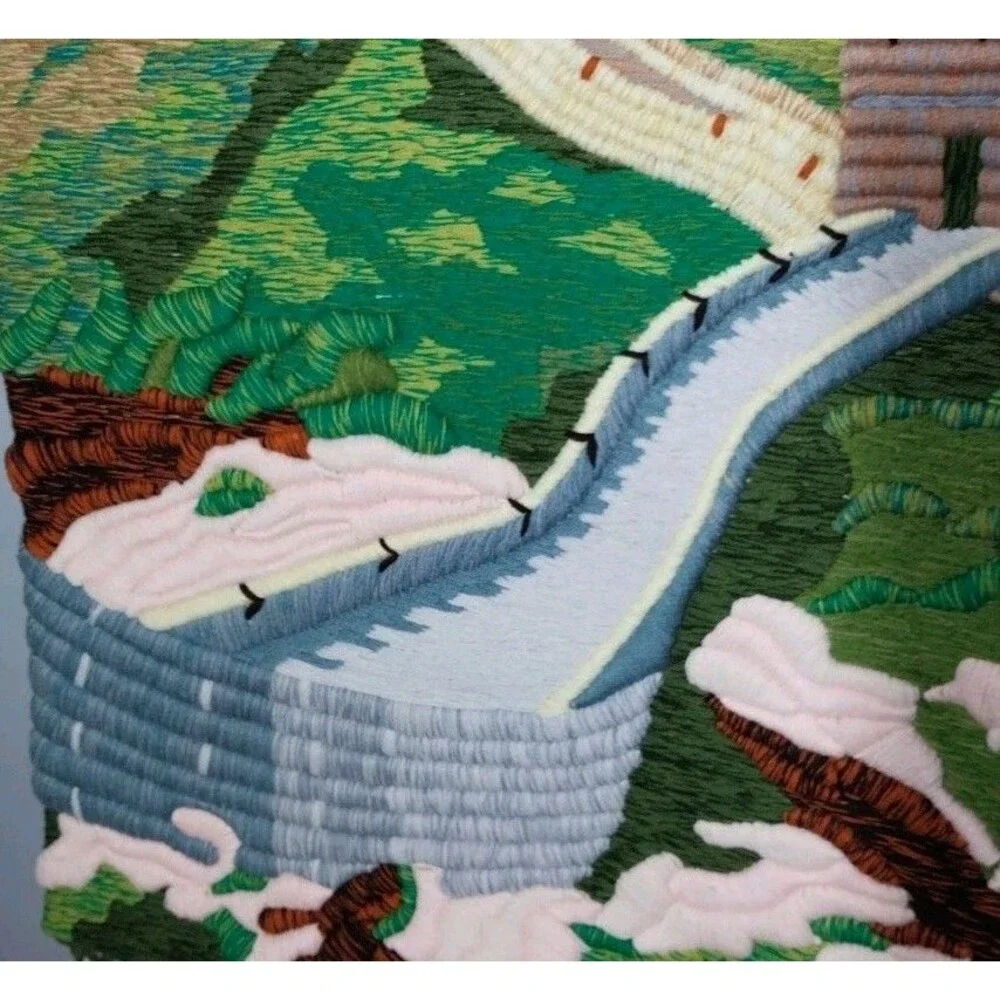 Vintage Chinese 3D Hand Embroidered Great Wall Tapestry Wall Hanging 24.5x31